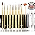 Beaute Galleria Bundle 50 Pieces Nail Art Tool Kit with Pouch - 5 Pieces Dotting Tool Marbleizing Pen (10 Sizes), 15 Pieces Acrylic Gel Detailing Painting Brushes Liners, 30 Pieces Striping Tapes