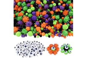 Qumenan 1000 Pieces 4 Sizes Halloween Pom Poms Crafts Assorted Glitter Pom Poms and Wiggle Eyes for DIY Hobby Supplies Halloween Party Decorations (Black, Orange, Purple,Green)