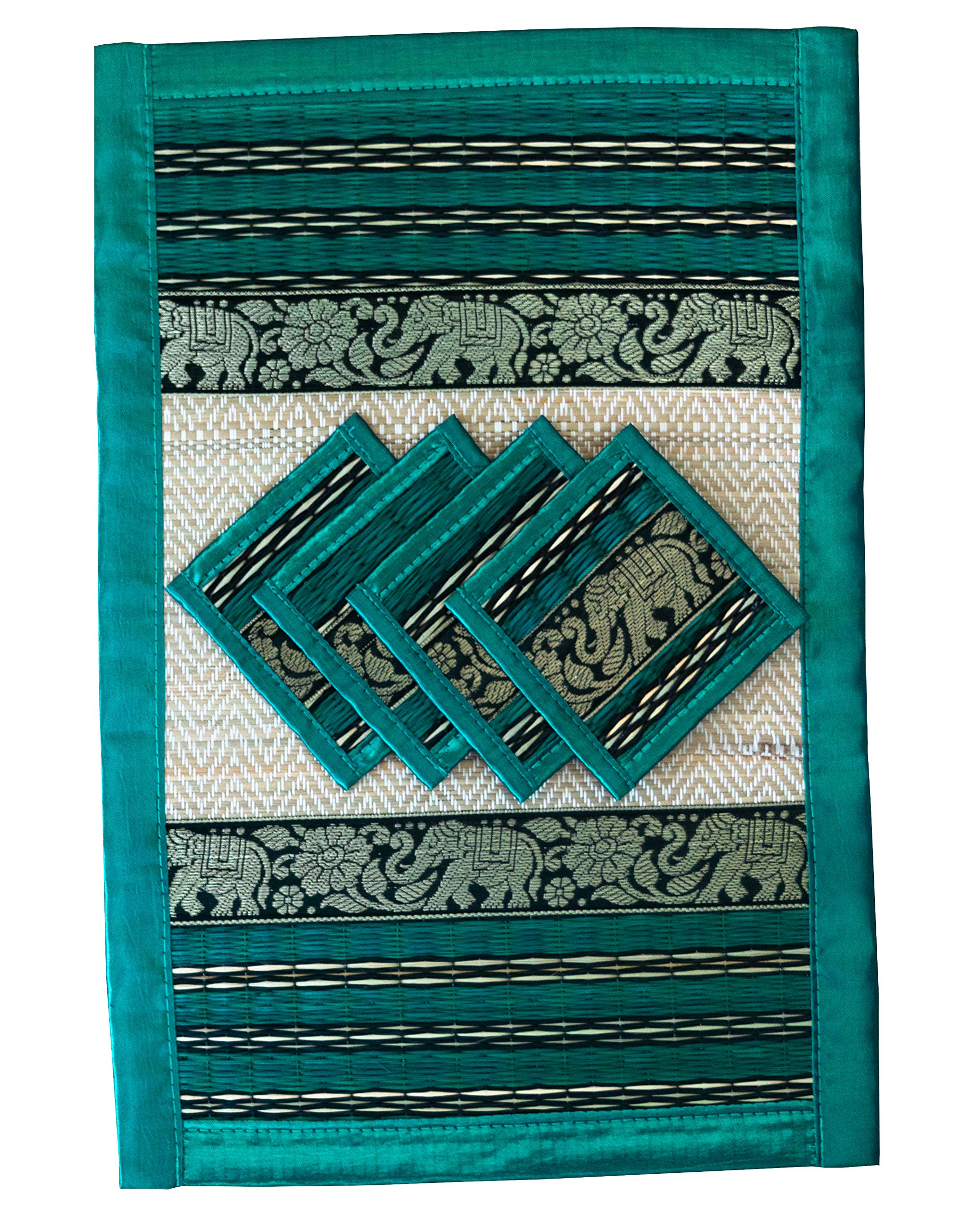 Hand-Woven Wicker Reed Placemats and Coaster Set Eco-Friendly Alternative to Plastic Heat Resistant Thai Style Durable and Easy to Clean-Perfect for Dining Table Set of 4 (Large T2 Teal Green (B&W))