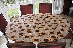 Covers For The Home Deluxe Elastic Edged Flannel Backed Vinyl Fitted Table Cover - Sunflower Pattern - Oblong/Oval - Fits Tables up to 48" W x 68" L