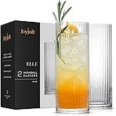 JoyJolt Elle 16oz Fluted Highball Glasses Set of 2, Ribbed Tall Cocktail Tumblers for Gin Juice Water, Vintage Style Drinking Glasses