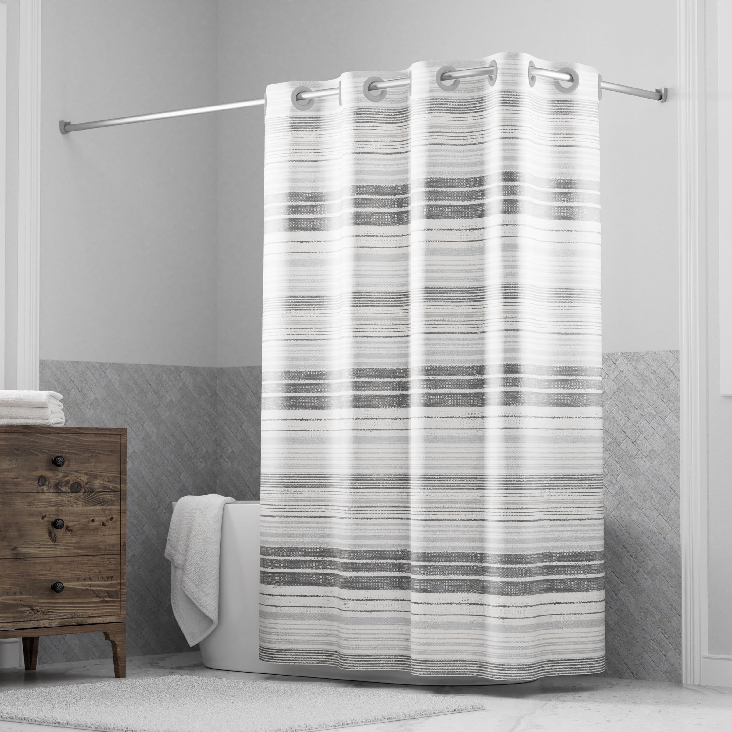 Hookless It’s A Snap! Faux Silk Shower Curtain, 3-in-1 Curtain Includes Fabric Shower Curtain with Flex-On Rings & Fabric Liner with Magnets, 71″ x 74″, Stripe Print, Gray