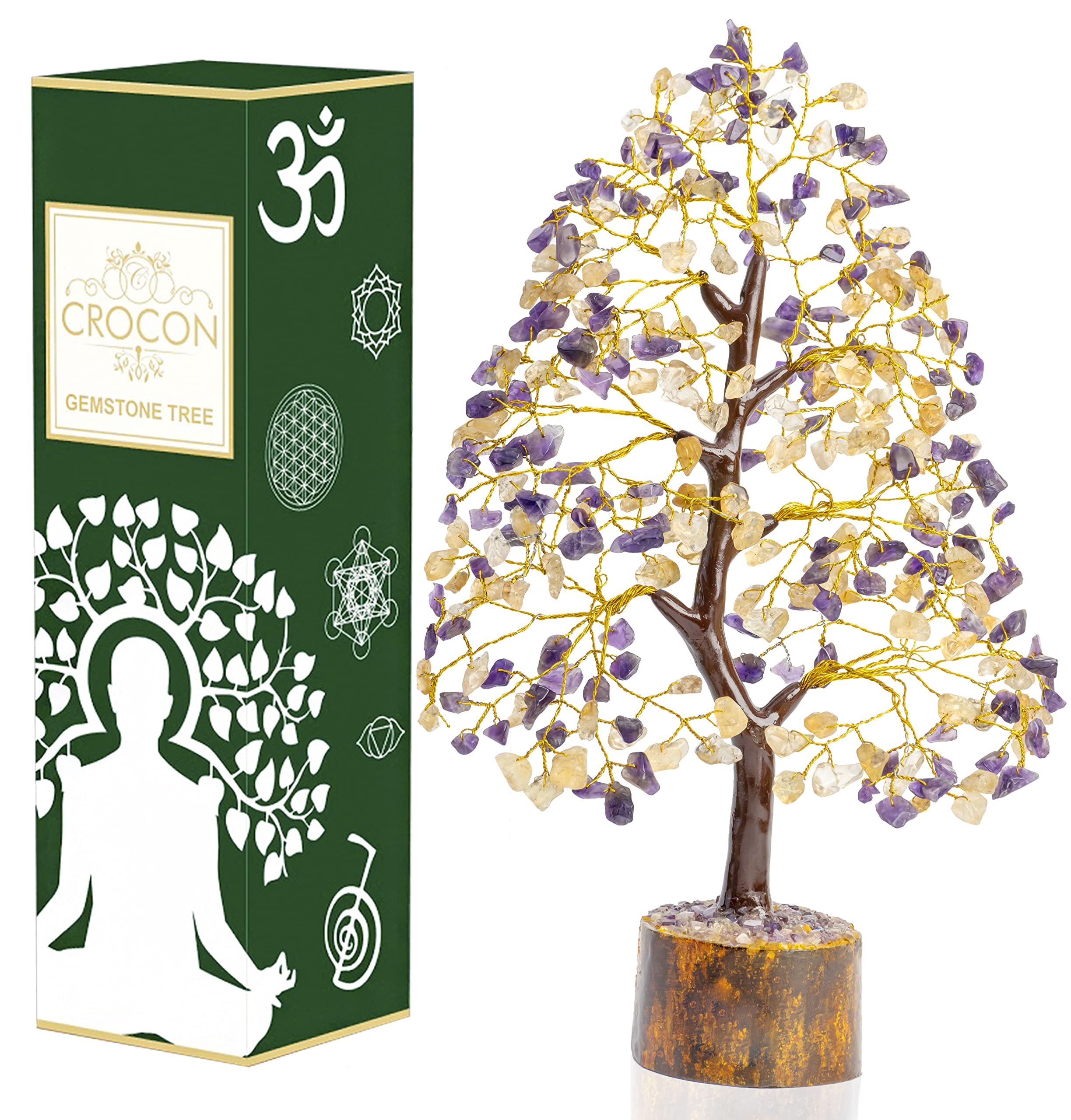 Crocon Amethyst & Citrine Gemstone Tree Feng Shui Figurine Money Bonsai Good Luck Chakra Balancing Reiki Healing Crystals Decoration Ornament Sculpture Prosperity Table Decor Gift Size 10-12"""
