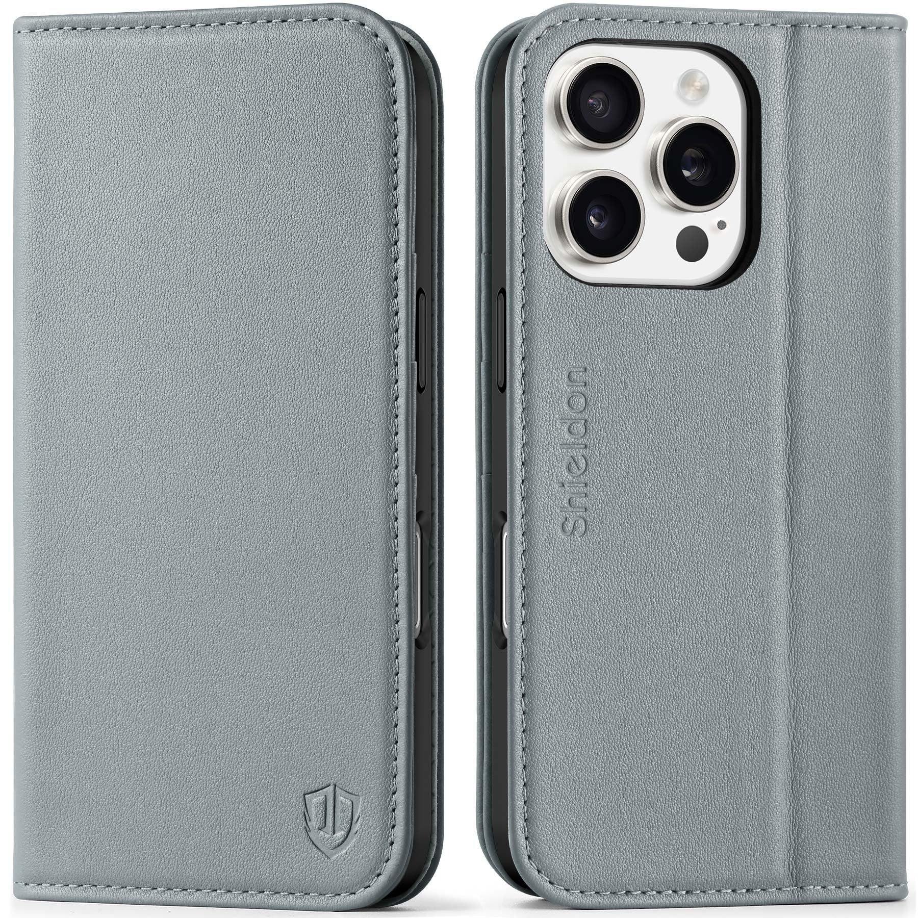 SHIELDON Case for iPhone 16 Pro 6.3" 2024, Genuine Leather Folio Wallet with [Kickstand][RFID Blocking][TPU Shell][Card Holder] Shockproof Protection Flip Cover Compatible with iPhone 16 Pro - Gray