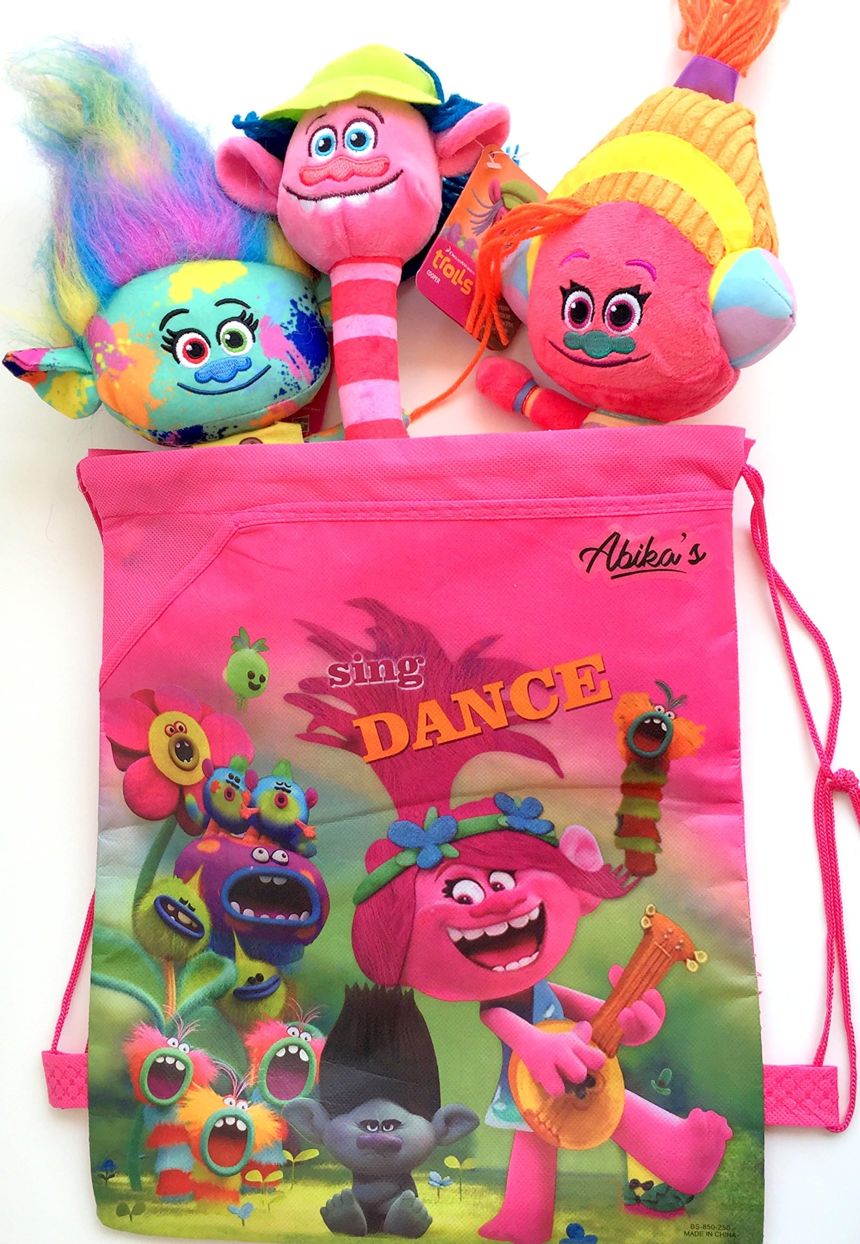 Ajema Happy Trolls Cooper Harper DJ Suki. DreamWorks Trolls Movie 11" -12" Plush Dolls Set of 3, Comes in Fun Troll Drawstring Bag/Tote/Backpack. Bring Your Trolls with You Wherever You go.