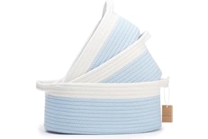 NaturalCozy 3-Piece Oval Storage Basket Set– Soft Natural Rope Woven Baskets for Storage Shelf, Toy, Nursery, Gift, Baby Shower, Pets Cat Dog Bins | Small Basket for Organizing (Off White & Blue)