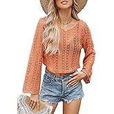 Blooming Jelly Womens Y2K Knitted Crop Tops Summer Sexy Scoop Neck Crochet Long Bell Sleeve Cute Hollow Out Shirts
