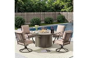 Trumbeak 5 Piece Metal Outdoor Patio Furniture Set with 48"/55000 BTU Round Fire Pit Table,Outdoor Dining Table Set 4 Swivel Chairs No-Slip Cushions and Waterproof Covers,Sand
