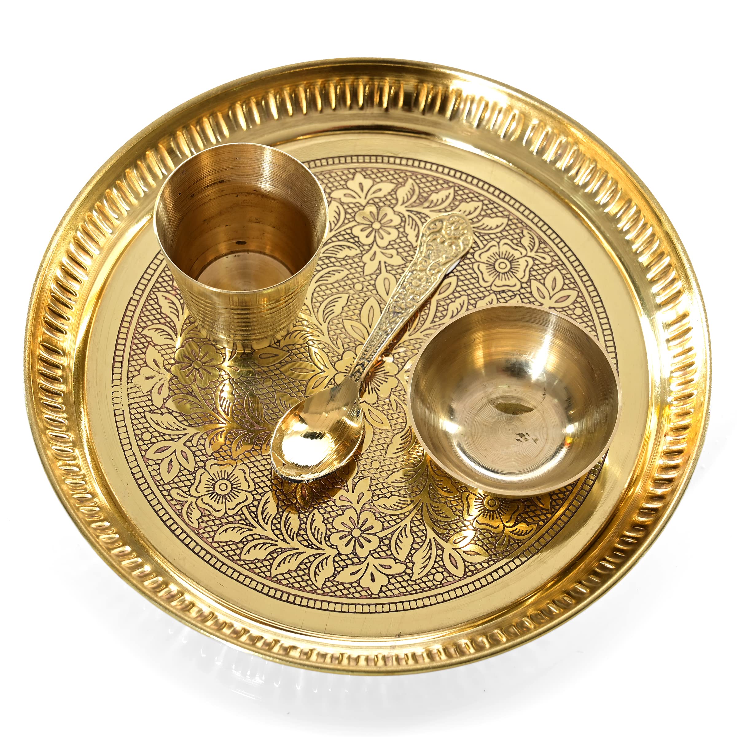 Decorative Brass Thali Flower Design Pooja Thali Set of 4 Pcs, Indian Traditional New Year Decoration Brass Pooja 1 Plate with 1 Bowl, 1 Glass and 1 Spoon Temple Home Bhog Thali Set (Size:-8'')