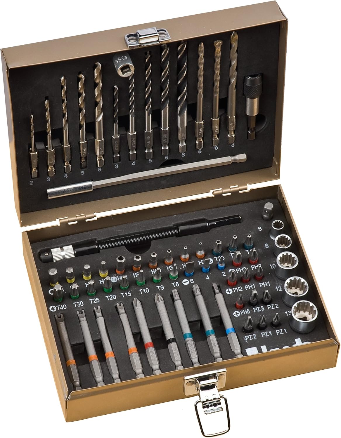 kwb Max-Box 67-Piece Drill and bit Set, consisting of bits, Drills, Long bits, sockets, Masonry & Wood Drills in a Sturdy Metal case