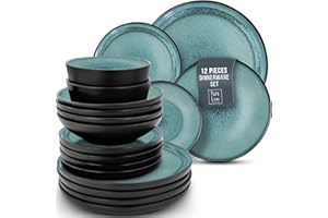 PURE LIVING INTERIOR DESIGN 12 Piece Dinnerware Sets for 4 - Modern Style Stoneware Dinnerware Set - Scratch Resistant, Dishwasher Safe Plates and Bowls Sets Ceramic, Dish Set, Bowl and Plate Set - Black and Petrol Blue…