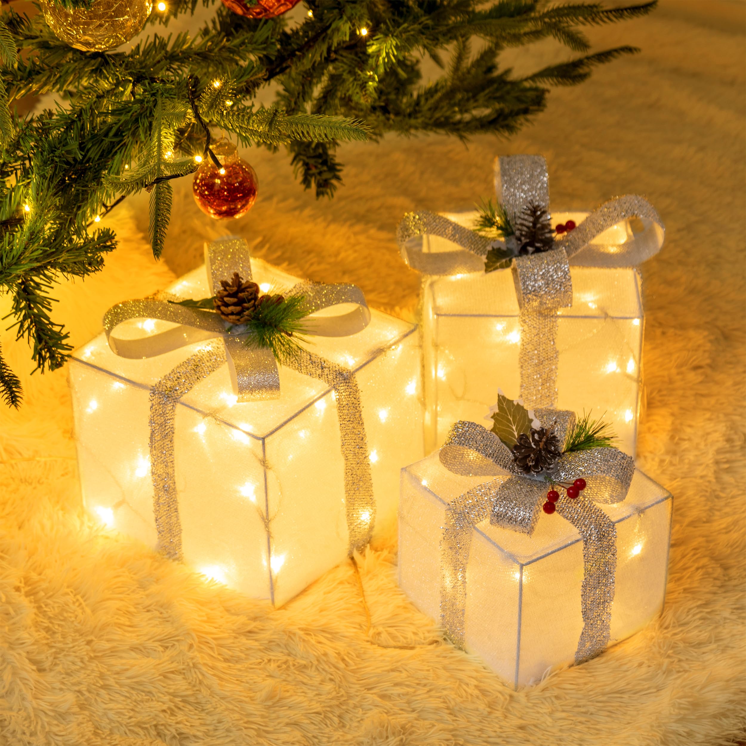 Photo 1 of Set of 3 Plug-in Christmas Lighted Gift Boxes, Pre-lit 60 LED Light Up Decorations, Outdoor Christmas Decorations Indoor Outside Porch Yard Christmas Tree Lighted Display, Silver Bow