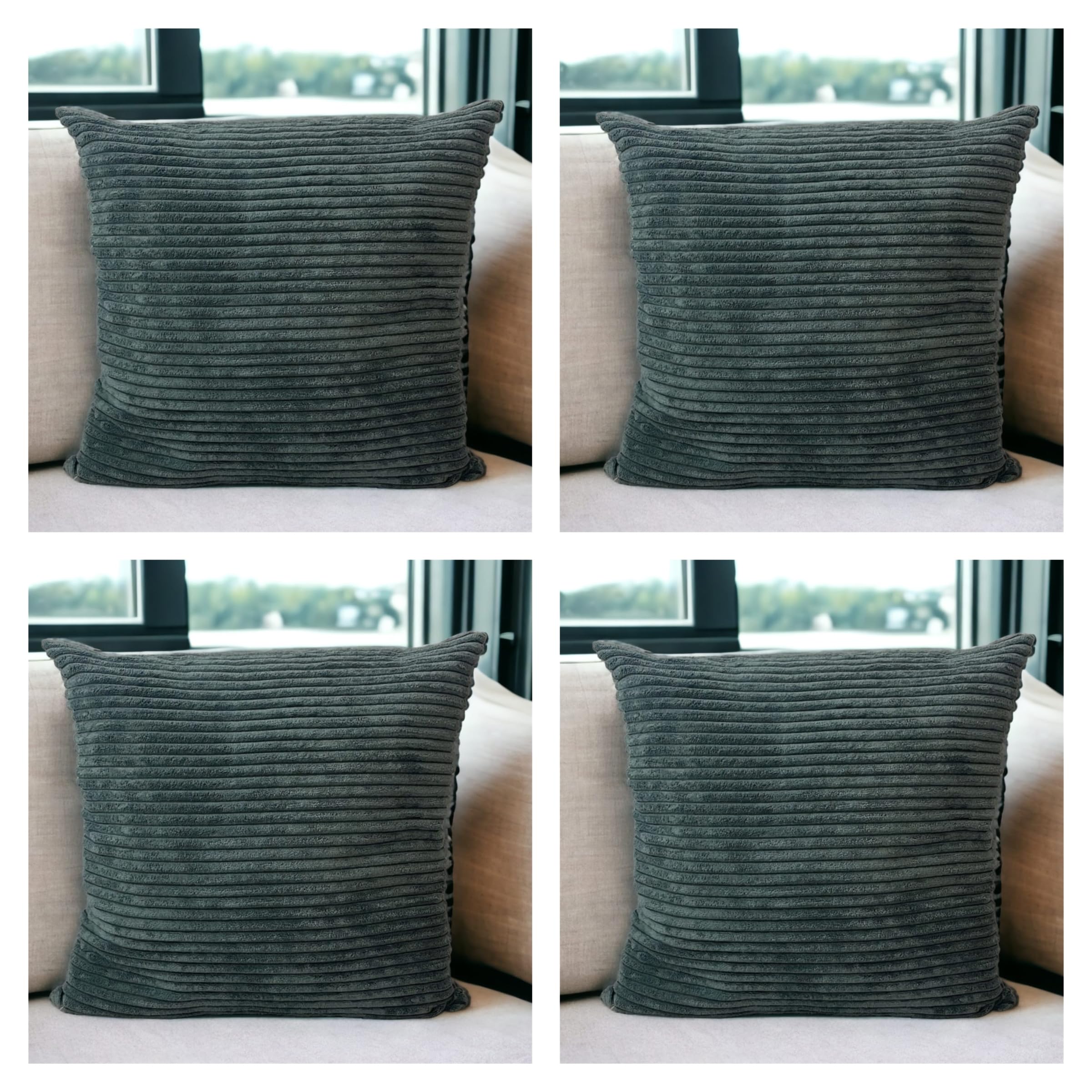 Seechoo Set of 4 - Corduroy Charcoal Grey Sofa Cushion Covers 45 x 45 cm Decorative Pillows | Soft Ribbed Throw Pillow Covers for Sofa Cushions Couch Bed Living Room Home Decor 18x18