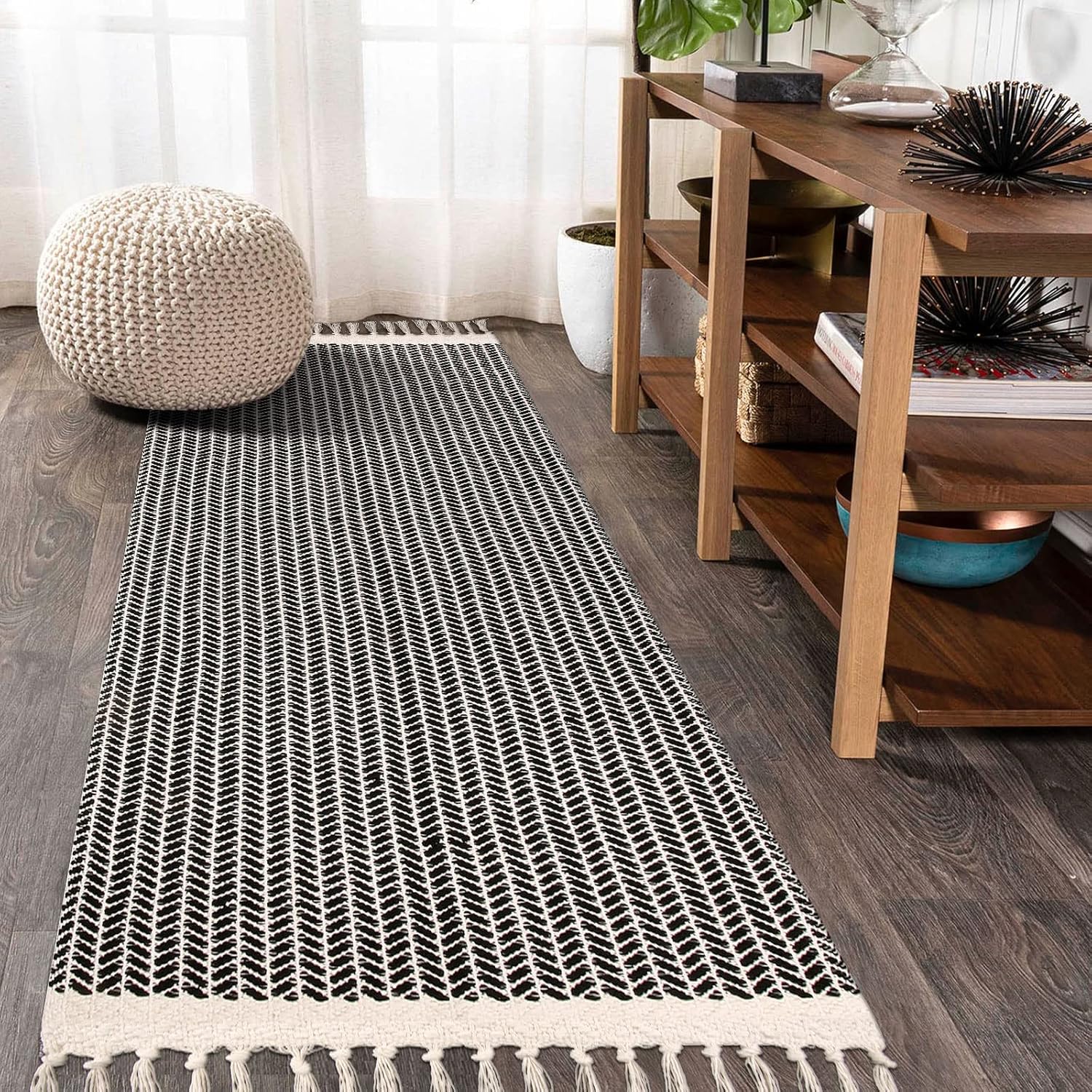 Rugs, Pads & Protectors - Lahome Boho Hallway Runner Rug, 2x6 Laundry Room Lightweight Entry Woven Cotton Throw Mat with Tassels, Farmhouse Non-Shedding Washable Black Low Pile Runner for Kitchen Bathroom