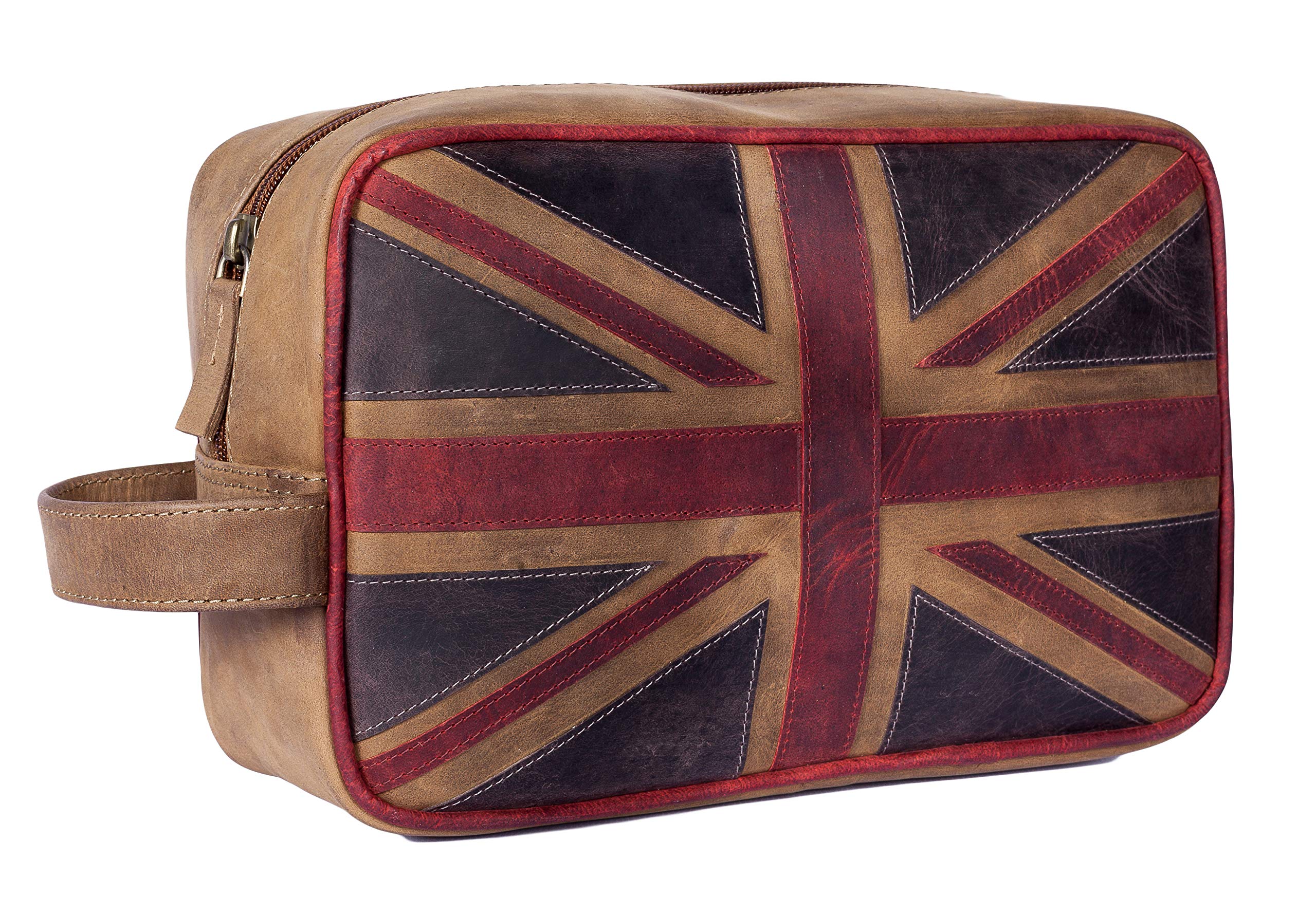 Mala Leather Union Jack Wash Bag – Soft Brown Leather Toiletry Bag for Men/Boys, Zip Closure, Travel Grooming Organiser with Grab Handle – 25 x 17 x 9cm