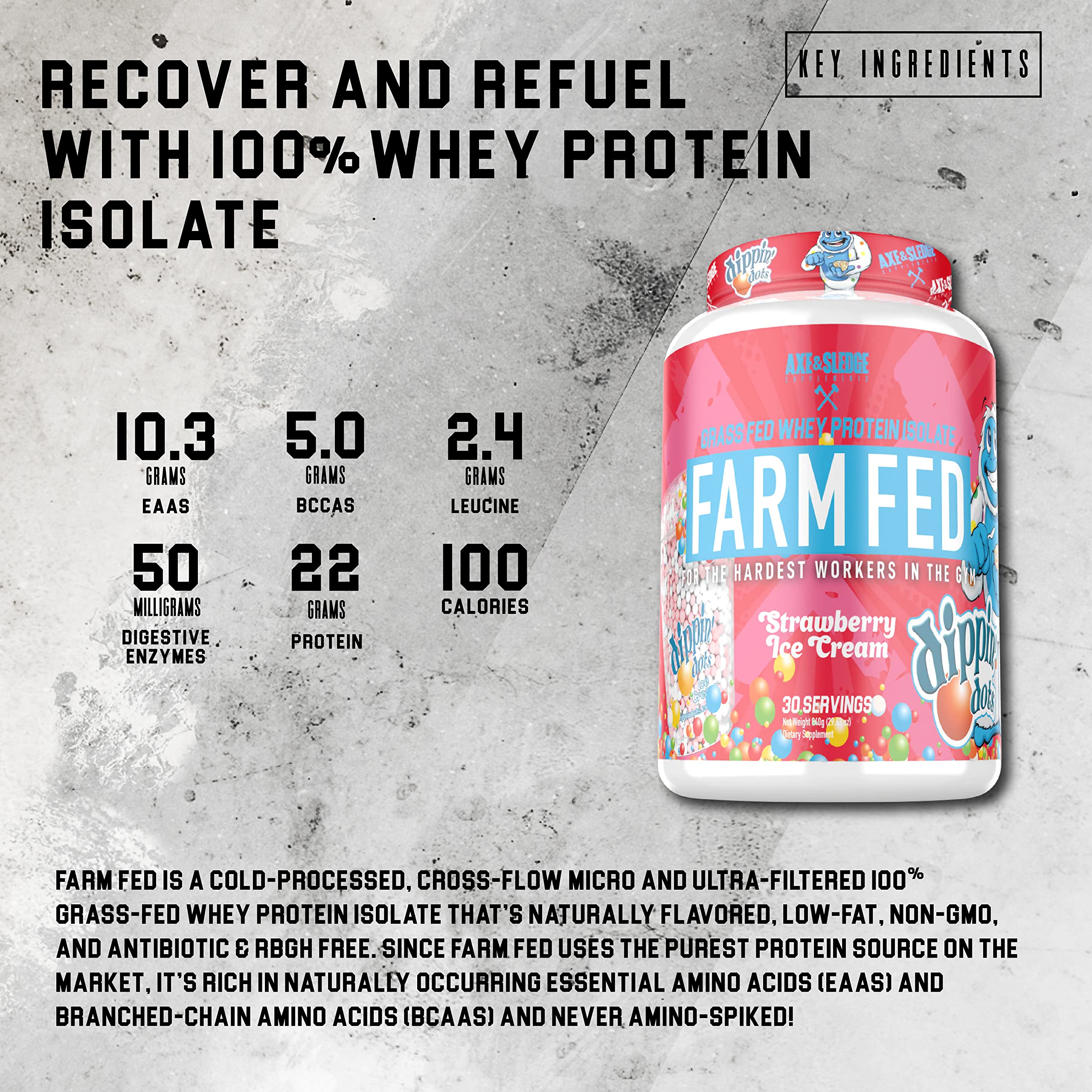 Axe & Sledge Supplements Grass-Fed Whey Protein Isolate, Digestive Enzymes, 22 Grams Protein, 30 Servings, Salted Caramel
