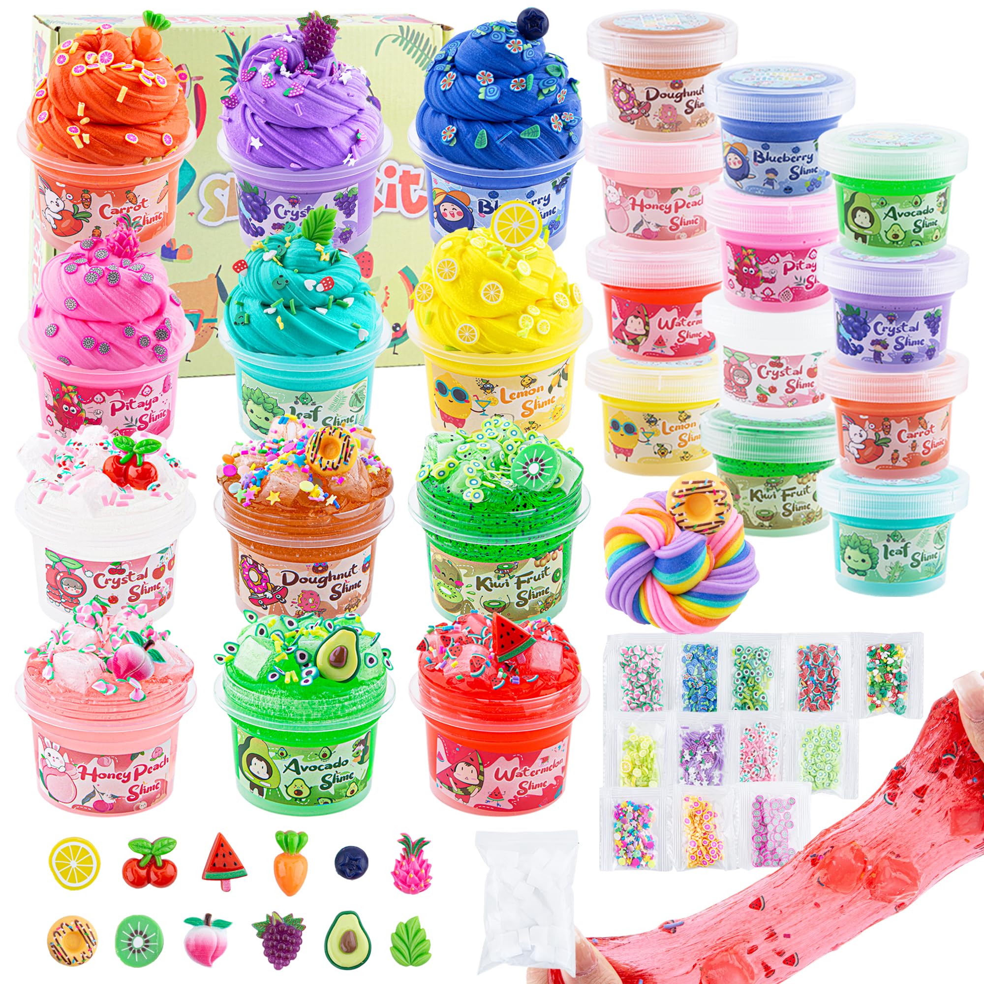 32 FL OZ Big Premade Slime Kit, 12 Pack Slimes Includes 6 Butter Slime & 6 Clear Crystal Slime, 38 Pcs Slime Pack with Slime Charms & Jelly Cube Slime Add-ins, Slime Party Favors for Kids