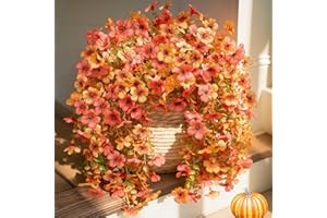 HyeFlora Artificial Flowers for Outdoors Fall Decoration, 2Pcs Fall Orange Yellow Hanging Flowers with Autumn Eucalyptus Leaves Faux Silk Flower Decor for Home Porch Patio Balcony Planter Yard