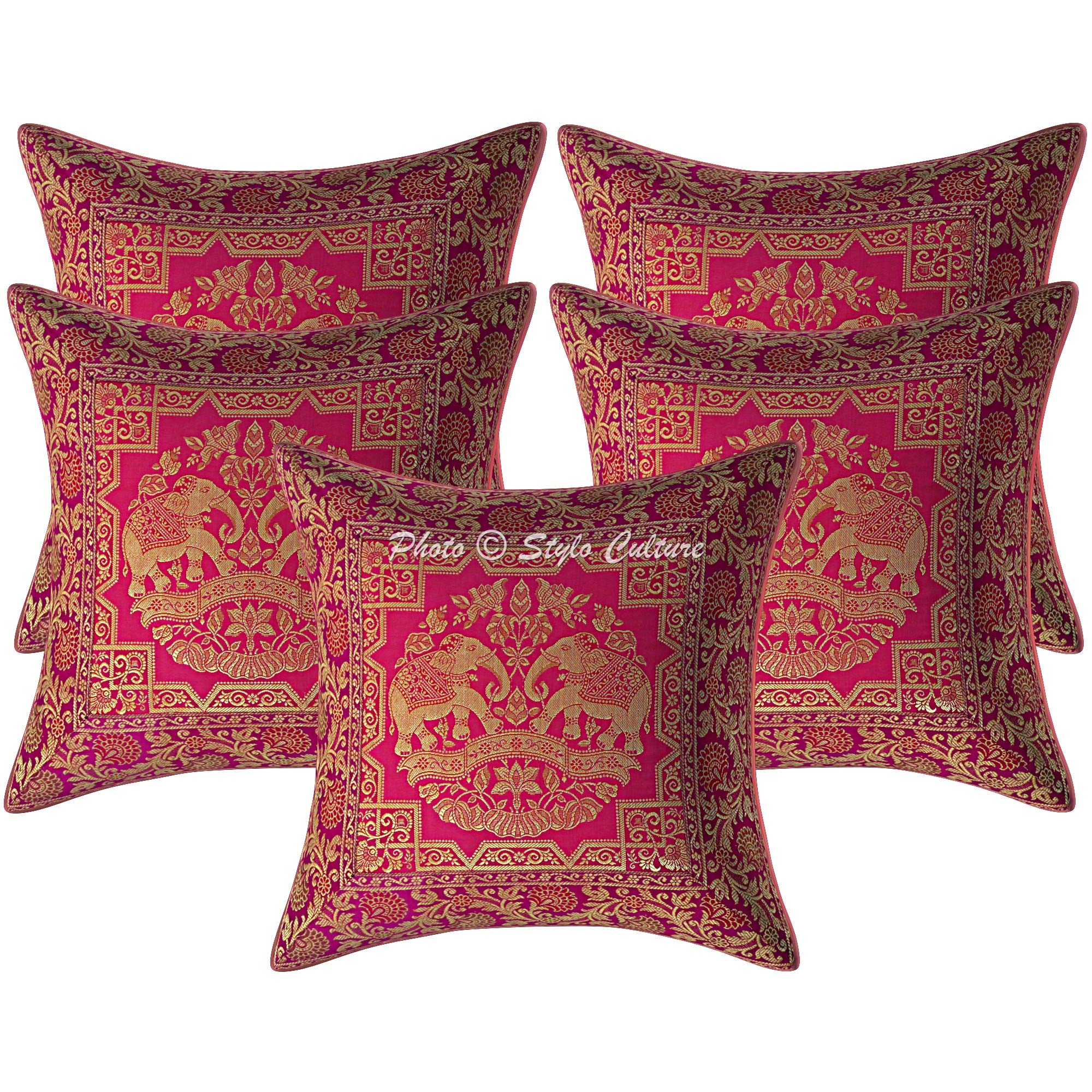 Stylo Culture Indian Brocade Sofa Couch Cushion Covers 40 x 40cm Magenta Gold Elephant 16 x 16 Inch Jacquard Square Couch Lounge Floral Throw Pillow Cases - (Set Of 5 Pcs)