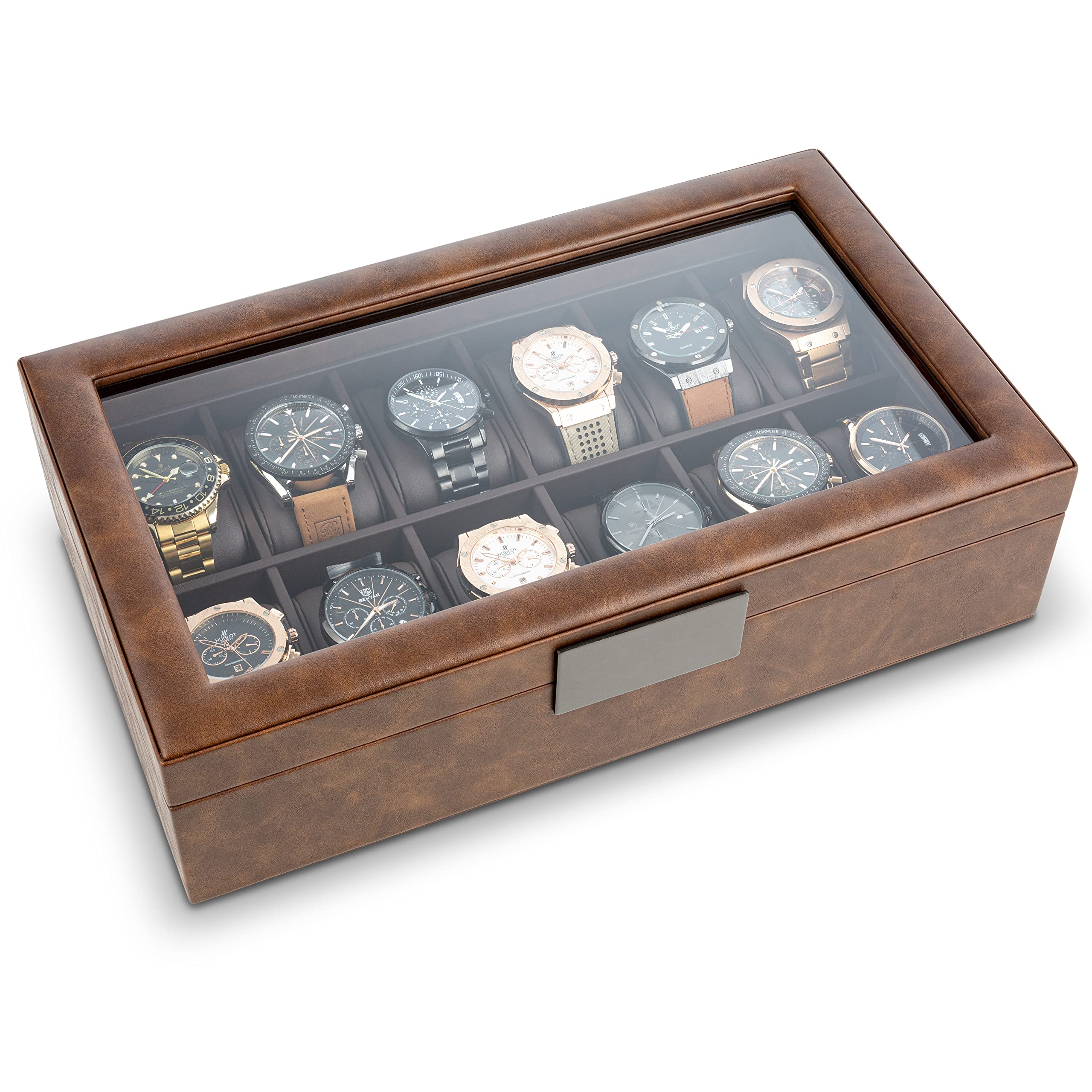 Glenor Co Watch Box for Men - 12 Slot Luxurious & Masculine Watch Case, Sturdy Hinges, Large Watch Holder, Glass Top Watch Organizer for Men - Metal Accents - PU Leather Brown