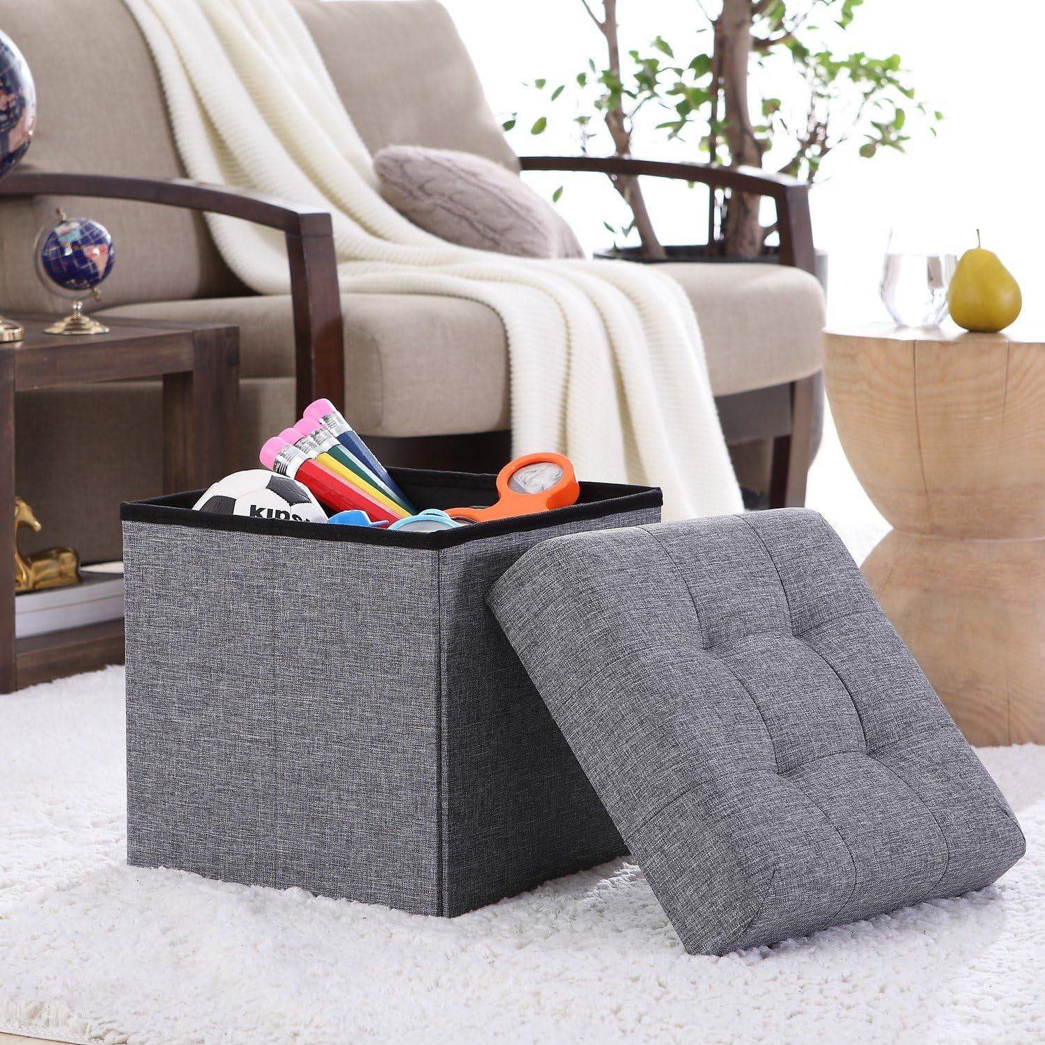 Ornavo Home Foldable Tufted Linen Storage Ottoman Square Cube Foot Rest Stool/Seat - 15" x 15" x 15" (Grey): Kitchen & Dining