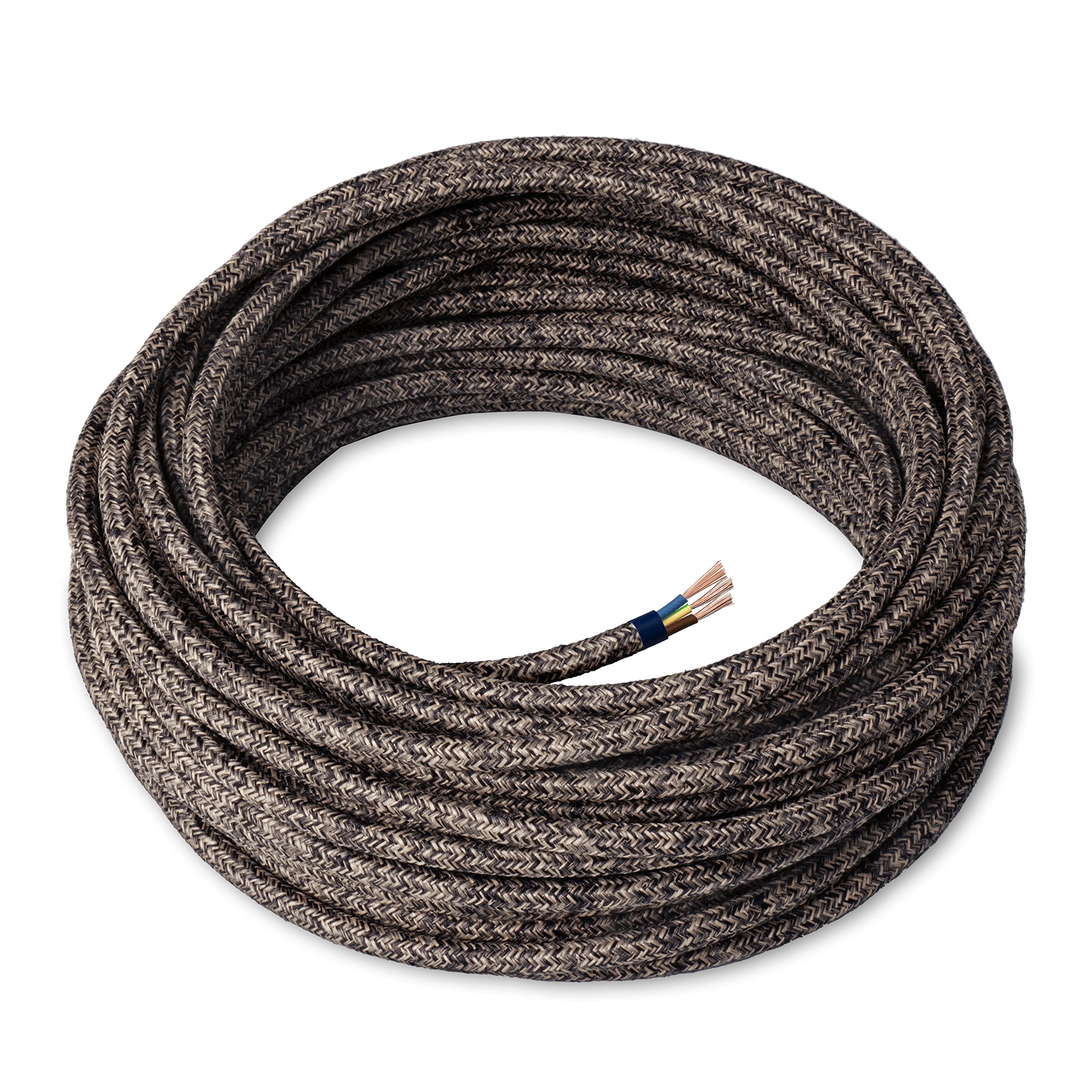 Amarcords - Textile electric cable CANVAS BROWN color, round, linen, 10 meters, grounded 3x0,75mm - Wire coated in colored vintage fabric chandelier lamp sconces and lampshades.