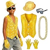 Kids Dance Hip Hop Jazz Costume Boys Sequin Vest Hat Glasses Set for Dance Party 3-12 Years