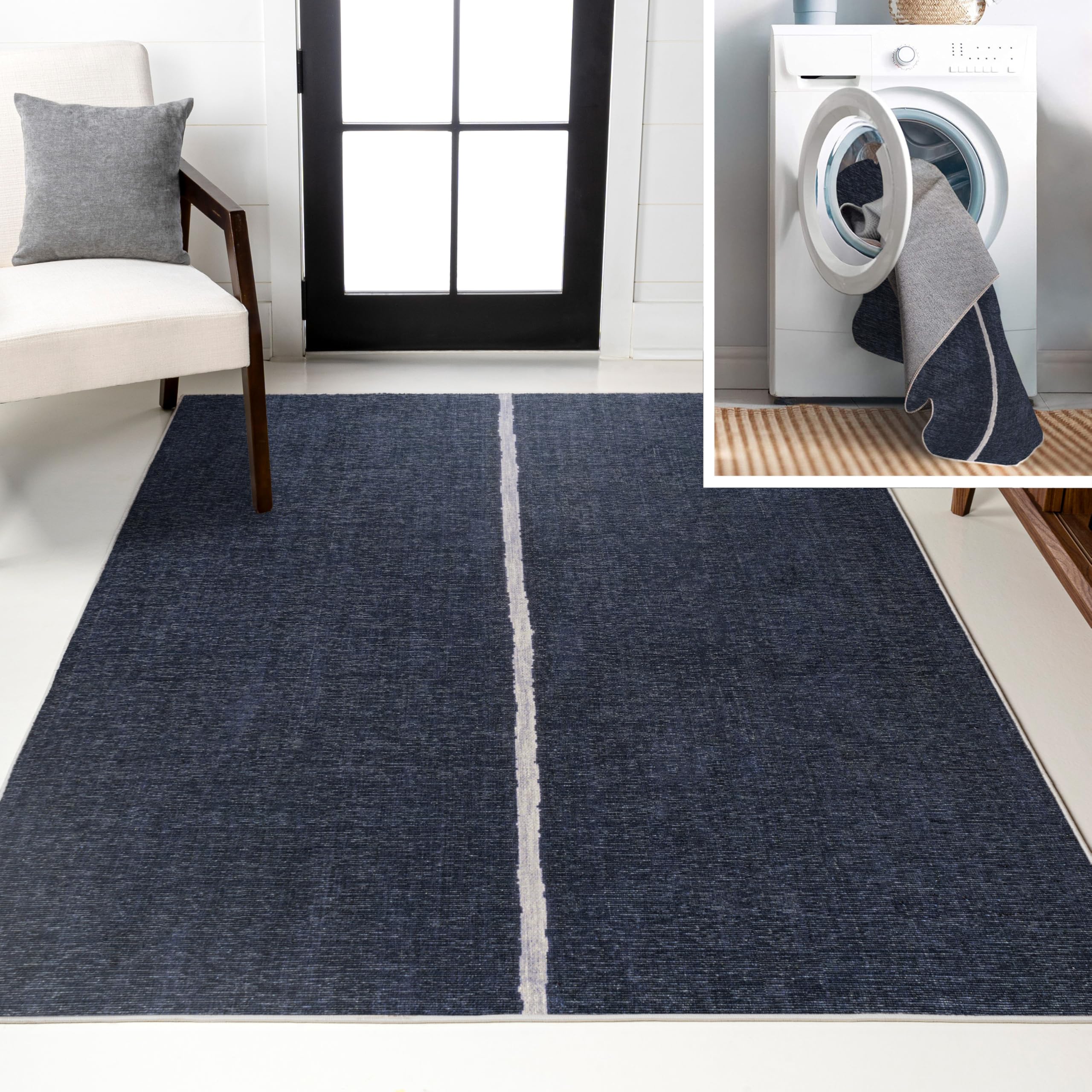 Photo 1 of ***REFERENCE**JONATHAN Y Machine Washable Navy/Gray Indoor Area Rug 4X6 ft, Linja Solid Centre Stripe for Living Room, Bedroom, Kitchen, Office, Easy-Cleaning, High Traffic, Pet-Friendly, Non-Shedding (WSH117A-4)
