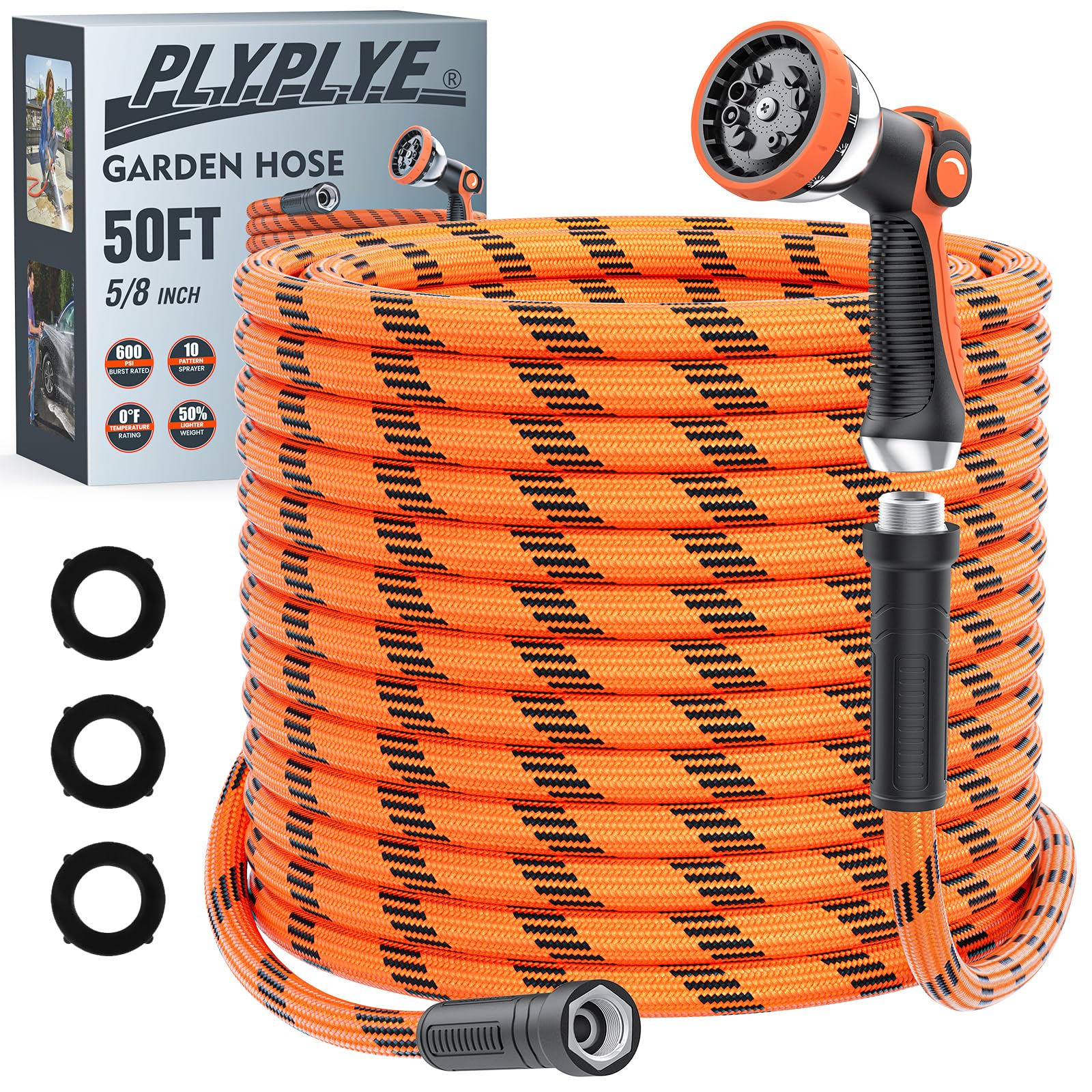 Photo 1 of PLYPLYE Flexible Garden Hose 50 ft, Non-Expanding Lightweight Water Hose, with 10 Pattern Sprayer, All Weather, Durable, Kink and Abrasion-Resistant, Leak-Free, Orange