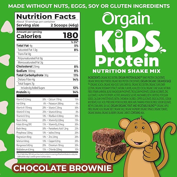 ORGAIN KIDS PROTEIN POWDER SHAKE MIX, CHOCOLATE BROWNIE – 8G GRASS-FED DAIRY PROTEIN, 4G FIBER, 23 VITAMINS & MINERALS, GLUTEN FREE, NO SOY INGREDIENTS, ADDS HEALTHY NUTRIENTS TO KIDS SNACKS, 1LB