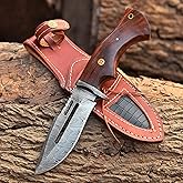 Handmade Damascus Hunting Knife with Leather Sheath - Ideal for Skinning, Camping, Outdoor - EDC Fixed Blade Bushcraft Knife with Walnut Wood Handle- Horizontal Carry Knives For Men-4002