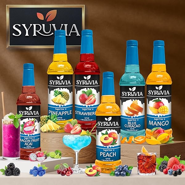 SYRUVIA SUGAR-FREE PINA COLADA SYRUP – 25.4 FL OZ. PREMIUM COFFEE FLAVORING SYRUP. 0 CALORIES, KOSHER, AND GLUTEN-FREE. PERFECT FOR DRINKS, SODAS, SHAKES, DESSERTS, AND MORE.