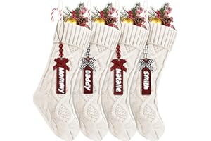 NACKIY 4Pack Personalized Christmas Stockings with Wooden Name Tags, 18 inches Xmas Cable Knitted Stocking for Holiday, Hanging Decoration Gifts for Family Party(White)