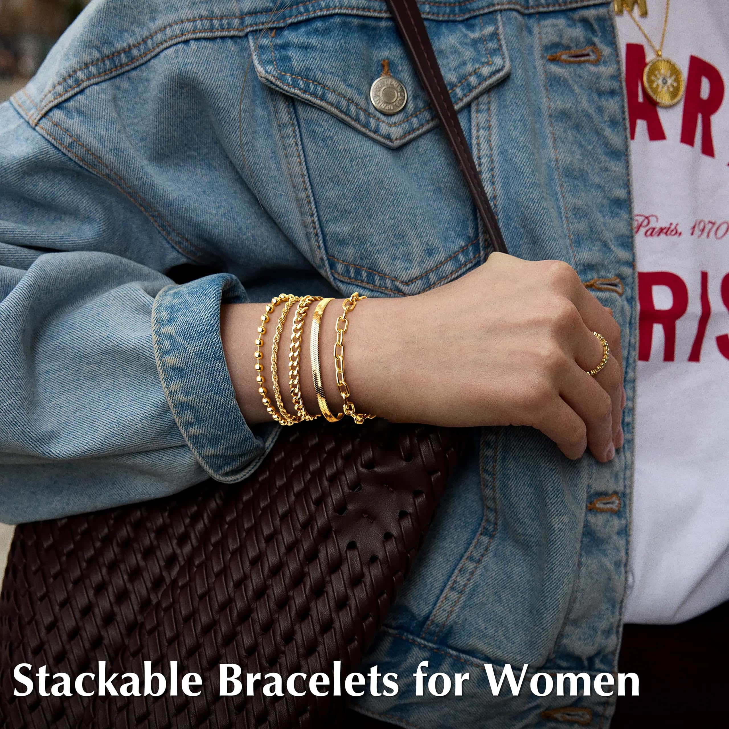 Poxtex Gold Bracelets for Women,Dainty Bracelets Set for Women Trendy, Gold Bracelets Stack With Beaded, Cuban, Paperclip, Heart, Snake, Rope, Pearl, Cross, Hand Chain, Silver Jewelry Gifts for Women