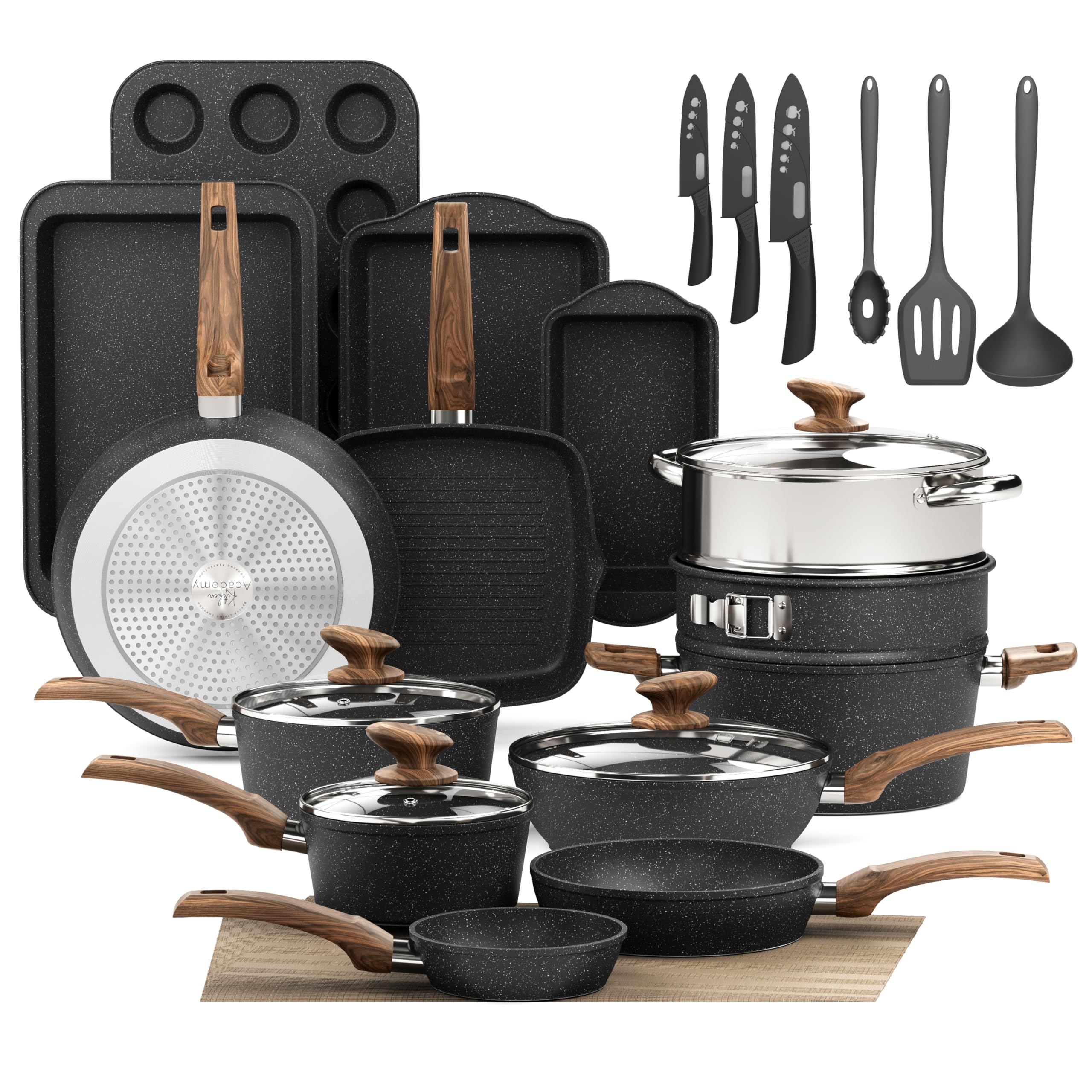 DishDelight Induktions-Kochgeschirr-Set mit Grillplatte 30-teiliges Induktions Töpfe Set Topf und Pfannenset mit Deckel Granit Antihaftbeshichtung Topfset Kochtopf