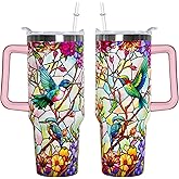 omezin 40 Oz Hummingbird Tumbler With Handle 40oz Hummingbird Theme Tumbler With Lid Straw Double Insulated Travel Coffee Mug Womens Cup Gifts