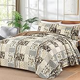 WONGS BEDDING Brown Quilt Set King Size,Brown Patchwork Plaid Printed Bedspread Coverlet Set,3 Pieces Soft Microfiber Boho Bedding Set (104"×90")
