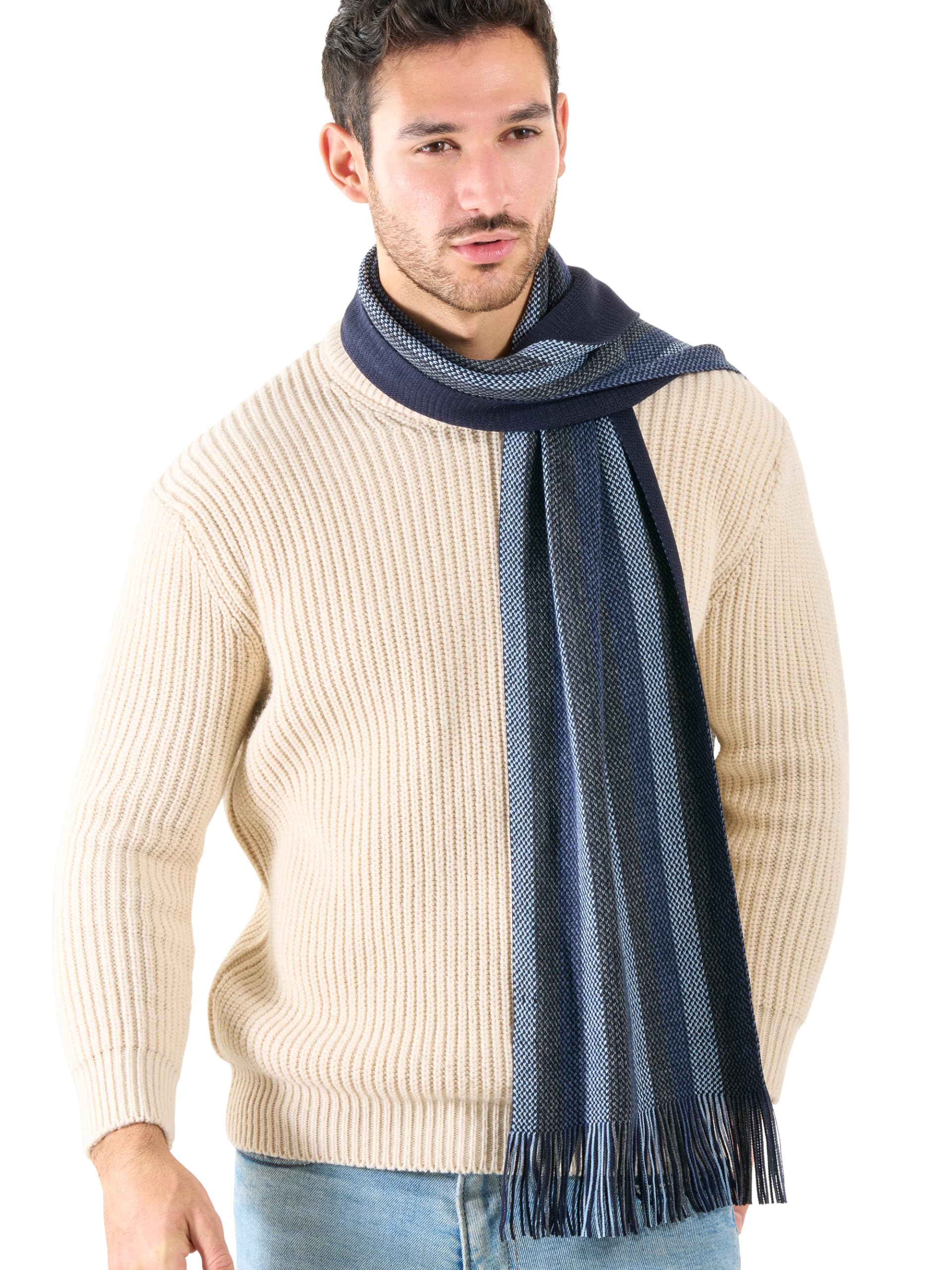 LOVARZI Mens Scarfs Winter Blue Knitted Striped: Long Designer Lightweight Warm Scarves - Gifts Present Ideas for Men: From Dad or Grandad to a Brother or Son