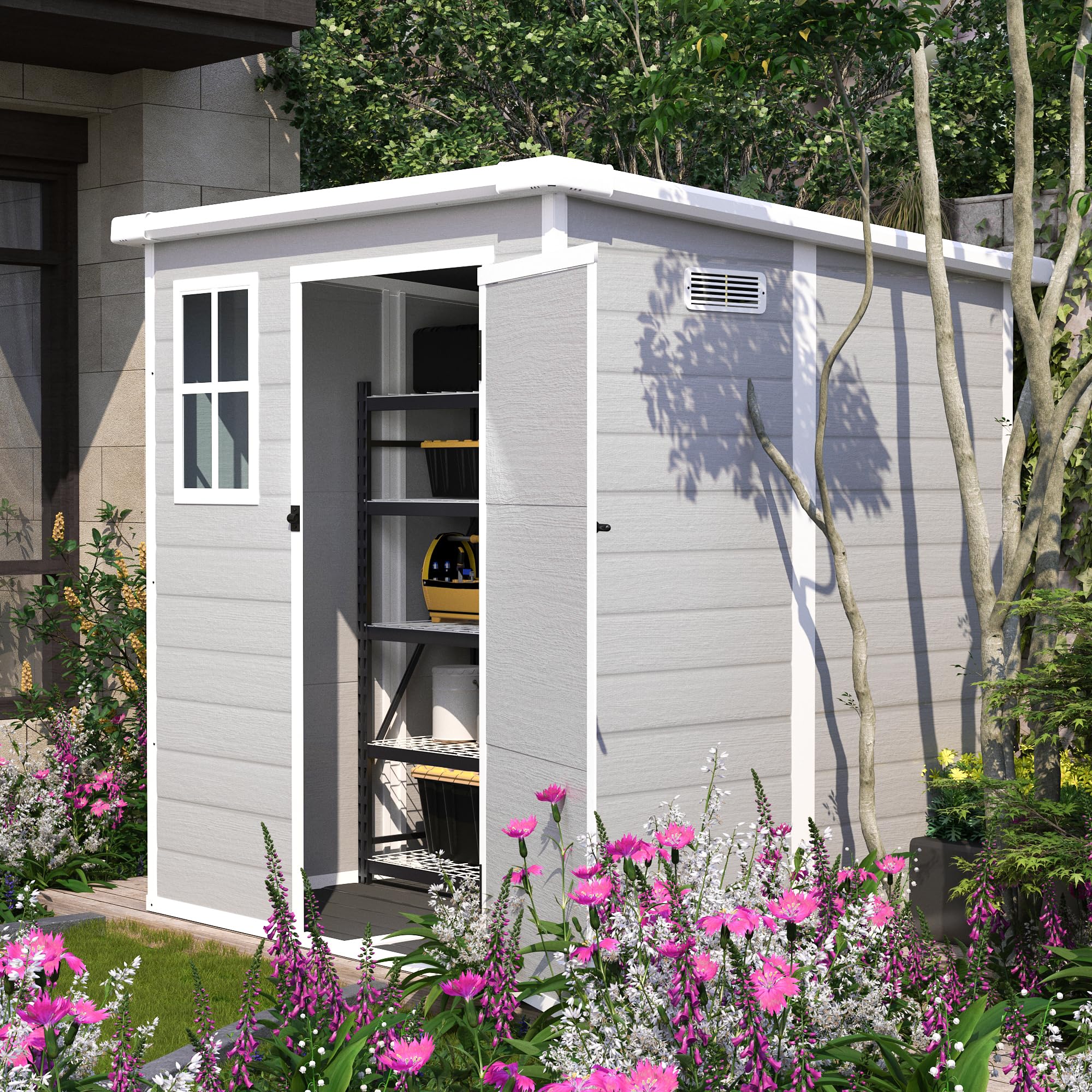 Photo 1 of ****Box2/4***Missing box1,3 and 4*** 6 x 6 FT Resin Outdoor Storage Shed Waterproof Shed with Floor & Two Windows & Lockable Door, Tool Shed for Garden, Patio, Backyard (Gray6*6ft)