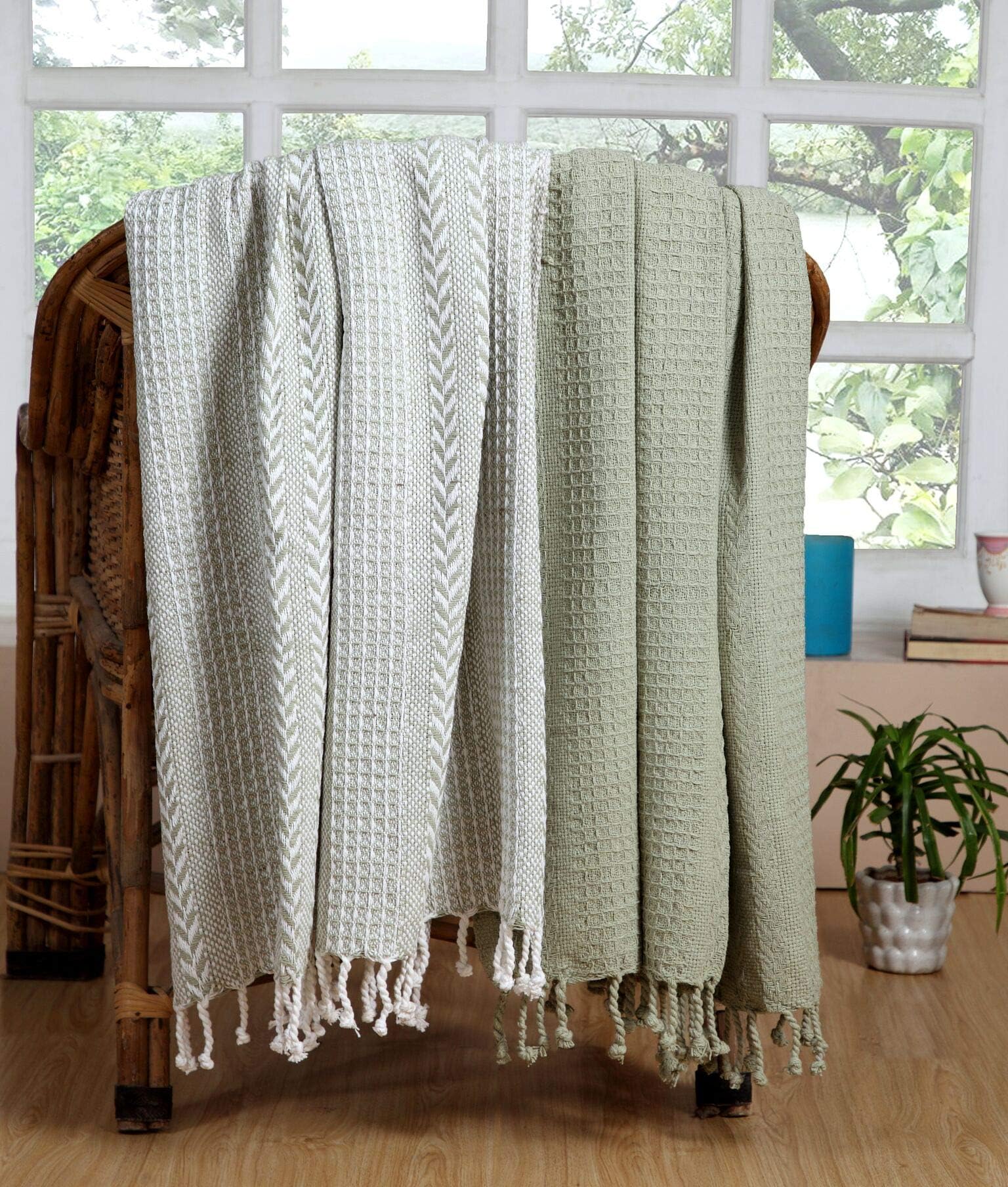 Luxurious Hand Woven Cozy Warm 100% Combed Cotton All Season Indoor Outdoor Light Weight Fade Resistant Couch Chair Bed Throw Blankets Batik 50x60 Inch Set of 2 (Silver Sage)