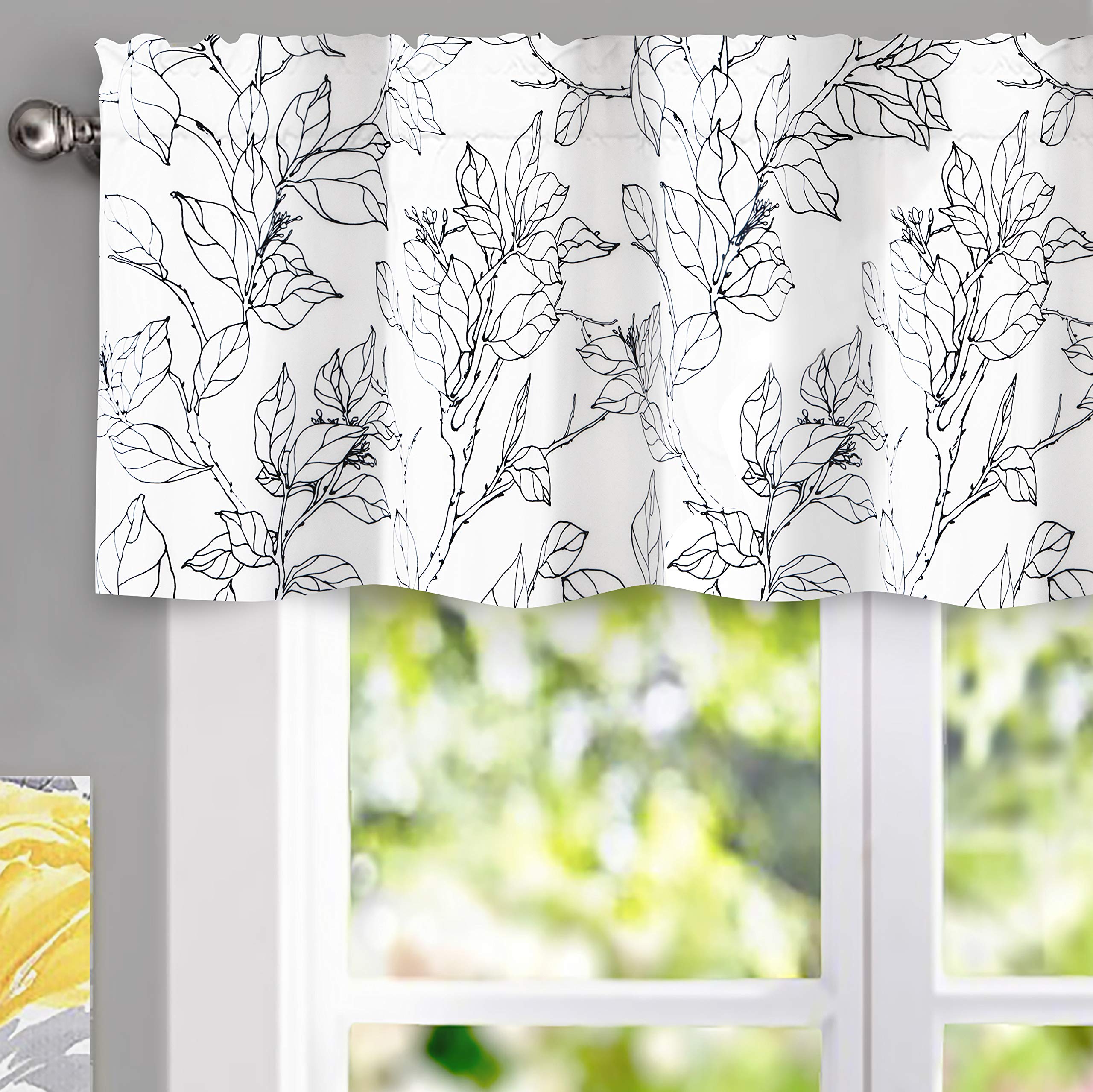 DriftAway Ryan Sketch Flower Floral Branch Leaves Lined Thermal Insulated Window Curtain Valance Rod Pocket 52 Inch by 14 Inch Plus 1.75 Inch Header Black Line