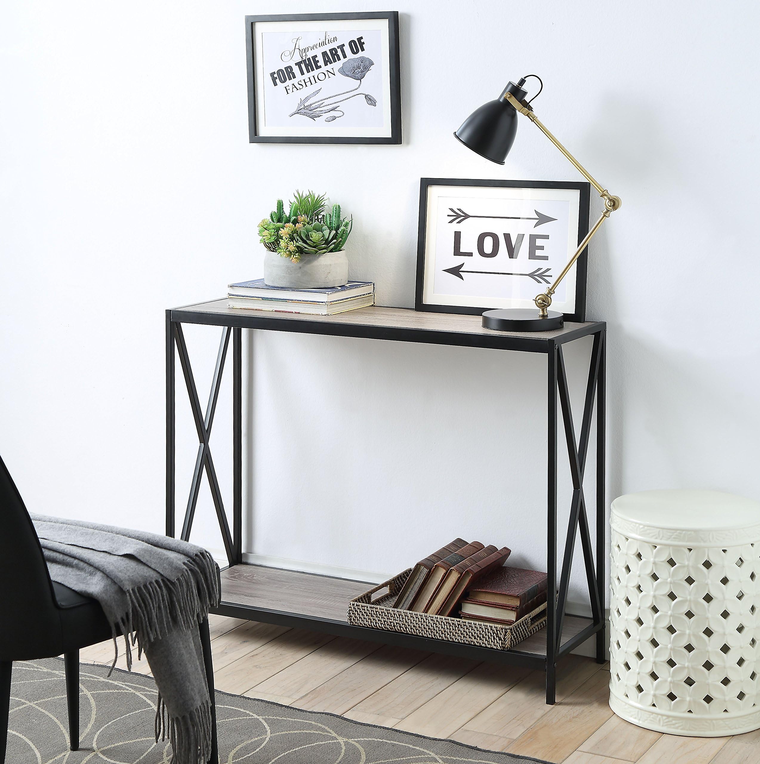 Weathered Grey Oak Metal Frame 2-Tier Console Sofa Table with X-Design by eHomeProducts