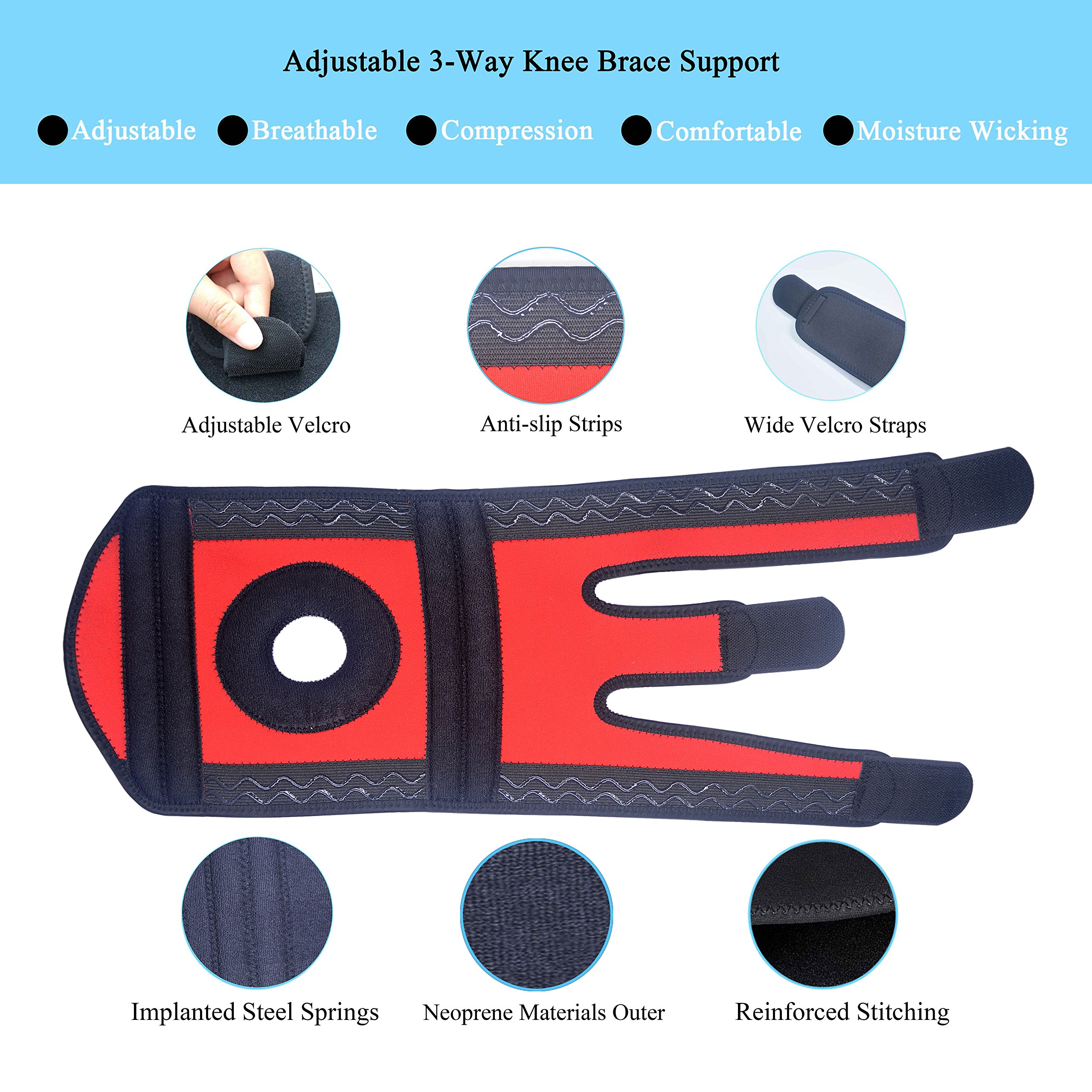 Runflory Knee Support Brace, Adjustable Open Patella Stabilizer Non-slip Neoprene Knee Support Protector w 4 Spring Stays for Compression, ACL, Meniscus Tear, Arthritis - Helps Stabilising & Recovery