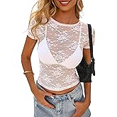 PRETTYGARDEN Women's Summer Sheer Lace Top 2026 Short Sleeve See Through Fitted Mesh Blouse Shirts Going Out Club Outfits