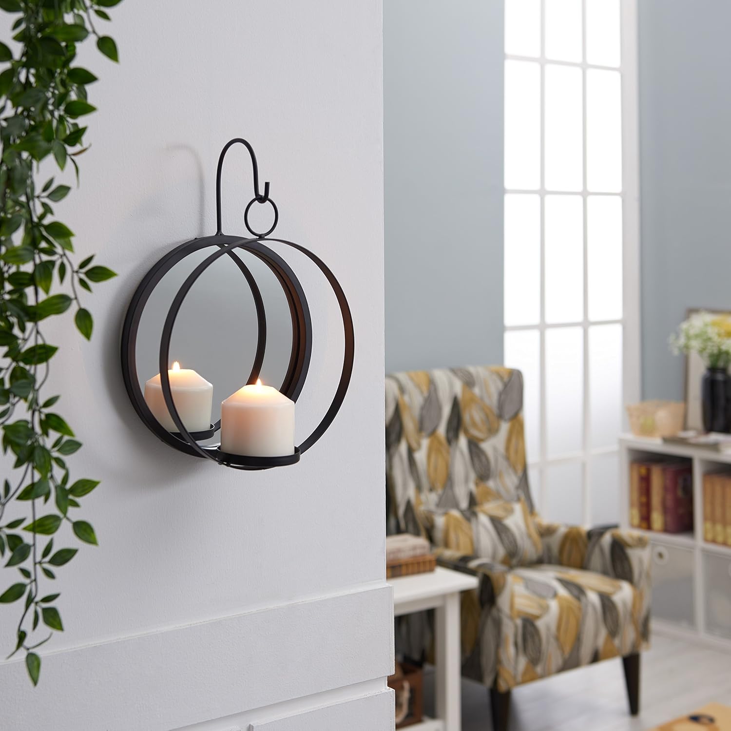 Home Decor Round Wrought Iron Pillar Candle Sconce With Mirror A Decorative Rustic Metal Hanging Wall Candleholder Danya B Home Kitchen