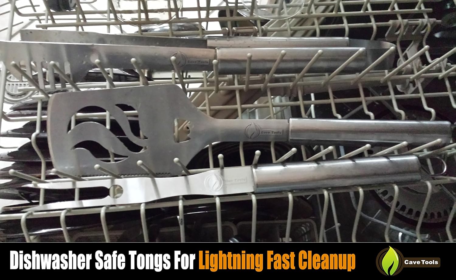 Grill Tongs - 20% Thicker Stainless Steel Won't Bend - Dishwasher Safe 17" Long Handle Protects from BBQ Heat - Locking Bracket For Easy Storage - Cooking in Kitchen or on Weber Barbecue - Cave Tools: Kitchen & Dining