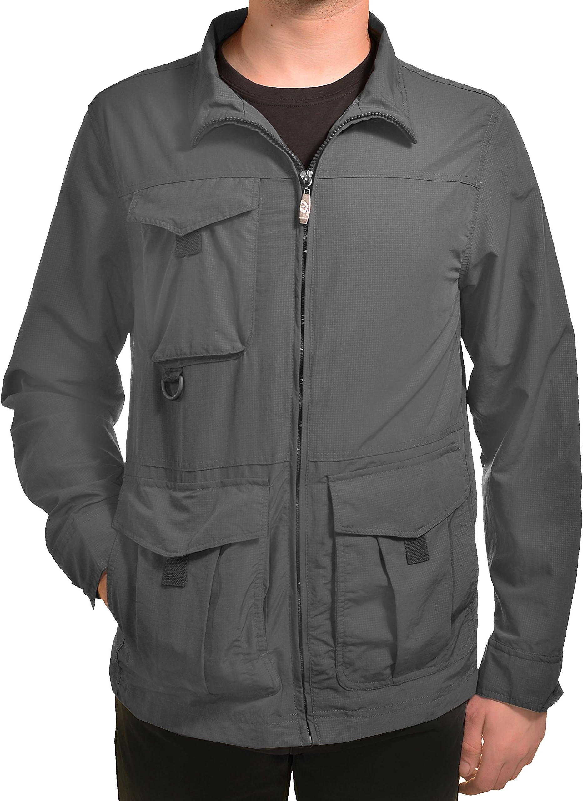 Men's Windbreaker Jacket w/Lightweight Rip Stop & Cargo Pockets (Grey, 2XL)