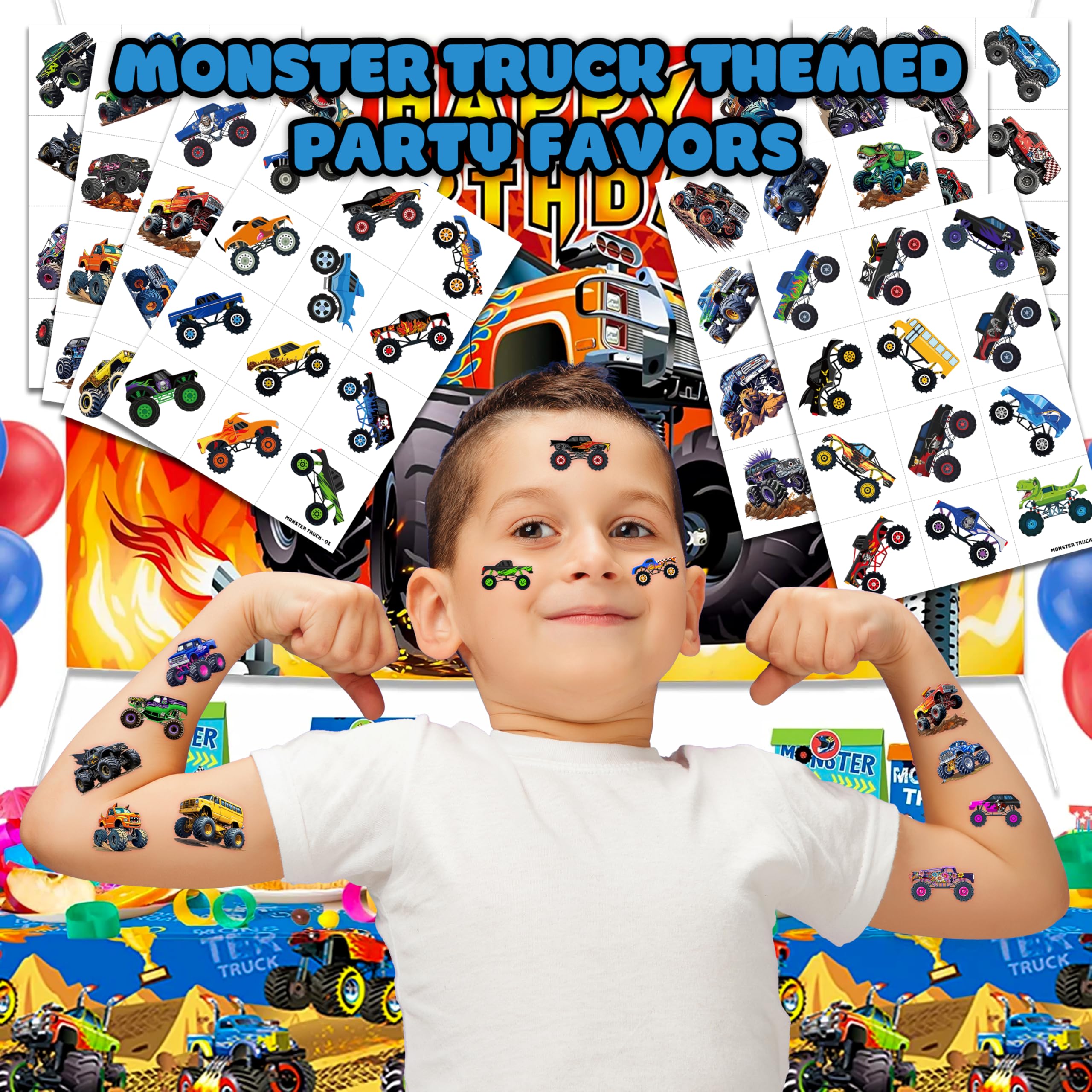 96 PCS Monster Truck Race Car Pre-Cut Temporary Tattoos for Kids | Super Cute Themed Birthday Party Favors, Supplies, Decorations, Fake Tattoo Stickers (Multiple)