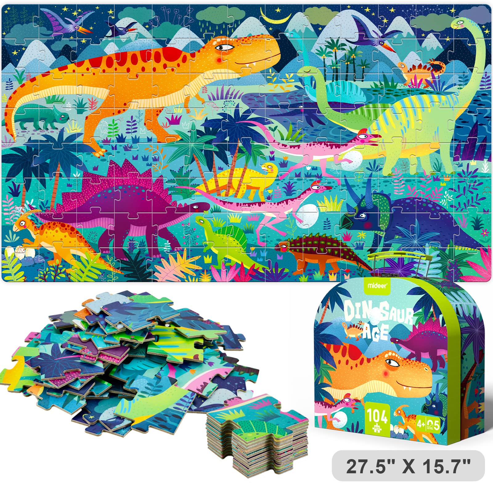 Mideer Puzzles for Kids Ages 4-8, 27.5" x 15.7" Large Size Kids Puzzles With Hand-held Gift Box, Dinosaur Toys for Kids 5-7, Preschool Learning & Education Toys, Dinosaur Puzzle Games Floor Puzzles