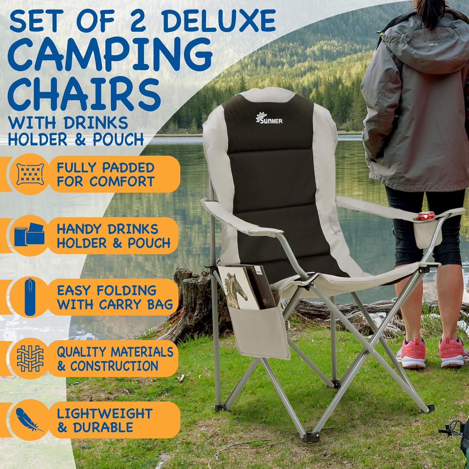 SUNMER Padded Camping Chairs, Set of 2 Deluxe Folding Chairs with Cup Holder and Side Pockets, Holds up to 120kg - Image 3